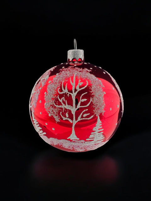 Blown Glass Ornament - Winter Trees- Red Glass Ornament - Hand Made In Ukraine - Hand Painted - Keepsake Ornament - Shiny Red Ornament