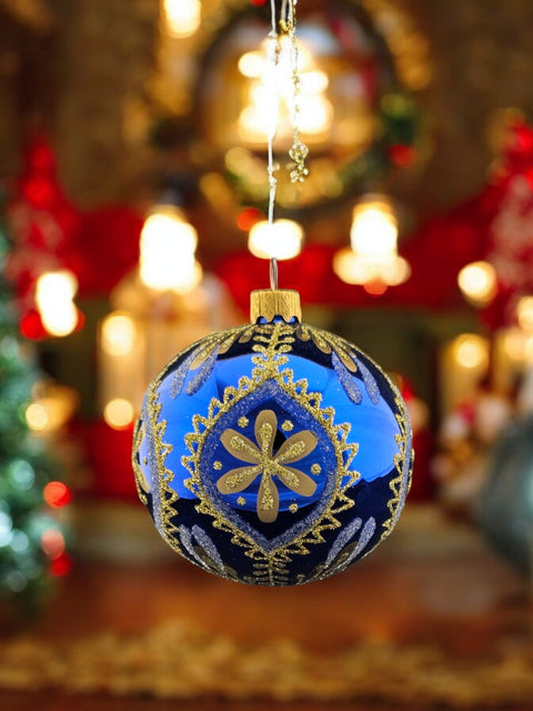 Blue Blown Glass Ornament - Handcrafted - Blue & Gold Modern Design