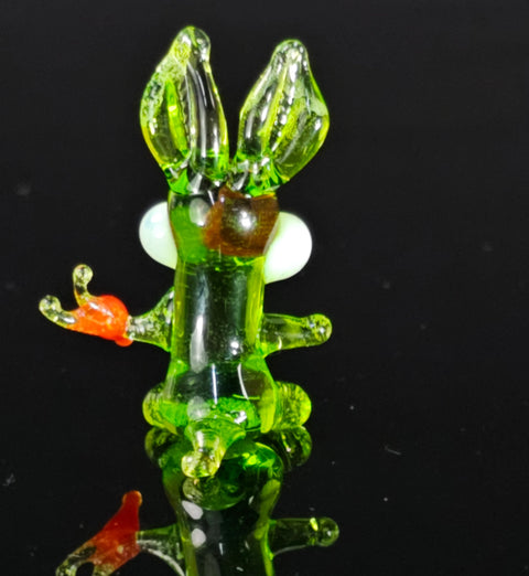 Green Rabbit W Carrot Figurine, Mini Glass Murano Quality Lampworking Glass Figurine, Hand Made In Ukraine, A Great Addition To Your Collection