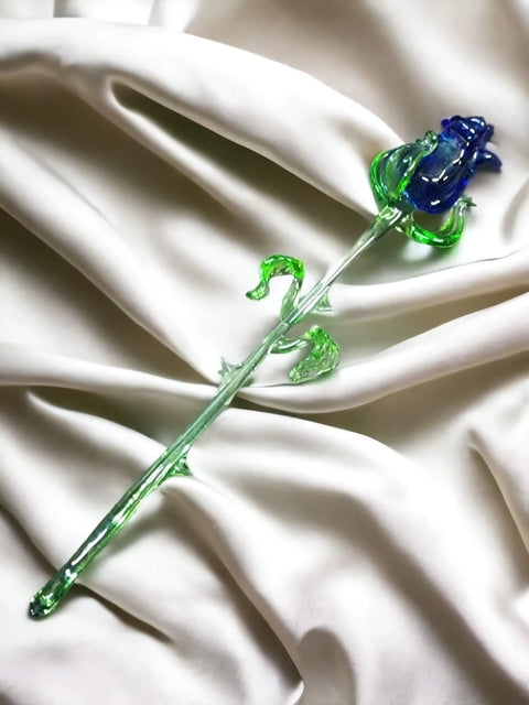 Blue Glass Rose - Handcrafted Medium Stem Flower