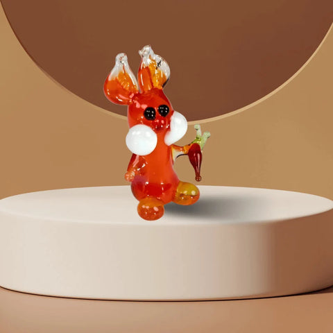 Orange Glass Rabbit W Carrot Figurine, Handmade Murano Quality Design - Small