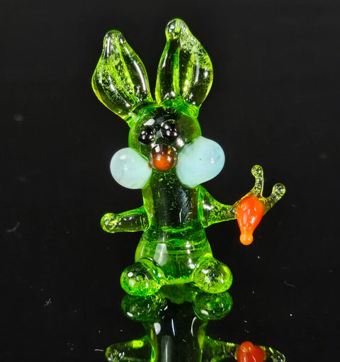 Green Rabbit W Carrot Figurine, Mini Glass Murano Quality Lampworking Glass Figurine, Hand Made In Ukraine, A Great Addition To Your Collection