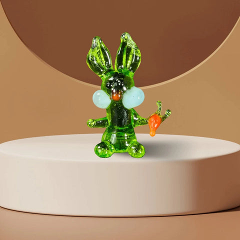 Green Glass Rabbit W Carrot Figurine, Handmade Murano Quality Design - Small