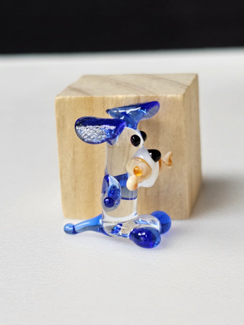 Blue Dog W Bone Figurine, Mini Glass Murano Quality Lampworking Glass Figurine, Hand Made In Ukraine, A Great Addition To Your Collection