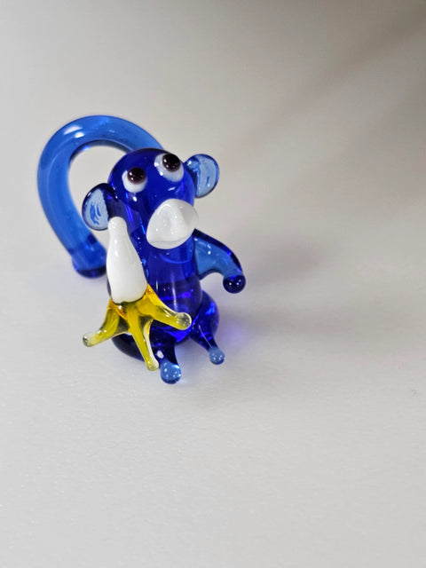 Blue Monkey W Banana Figurine, Mini Glass Murano Quality Lampworking Glass Figurine, Hand Made In Ukraine, A Great Addition To Your Collection