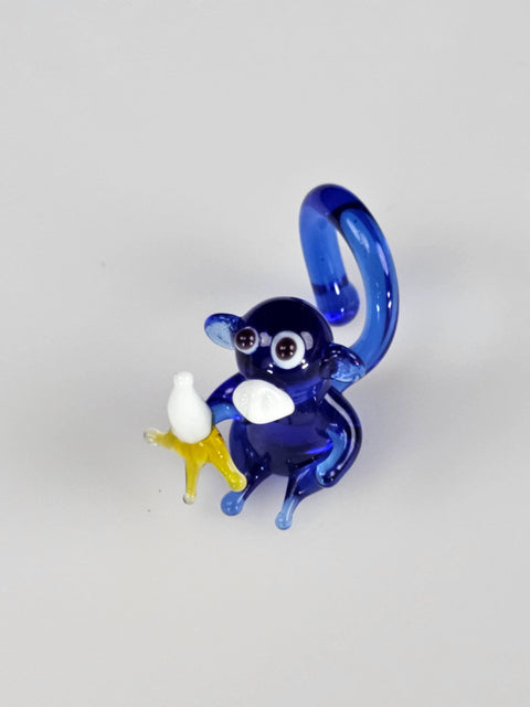 Blue Monkey W Banana Figurine, Mini Glass Murano Quality Lampworking Glass Figurine, Hand Made In Ukraine, A Great Addition To Your Collection