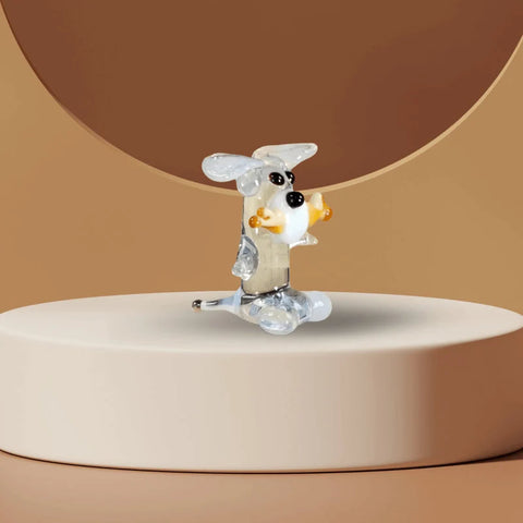 White Dog W Bone Figurine, Mini Glass Murano Quality Lampworking Glass Figurine, Hand Made In Ukraine, A Great Addition To Your Collection