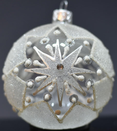 Frosted Snowflake Blown Glass Ornament, Modern Design and Crafted in Ukraine, Individually Box, Keep Sake Ornament