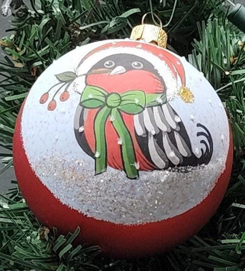 Red Finch in a Christmas Hat Blown Glass Ornament, Modern Design and Crafted in Ukraine, Individually Box, Keep Sake Ornament