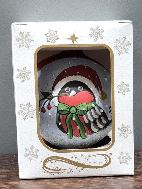 Red Finch in a Christmas Hat Blown Glass Ornament, Modern Design and Crafted in Ukraine, Individually Box, Keep Sake Ornament