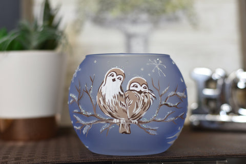 Large Light Blue Glass Candle Holder, Hand Crafted in Ukraine, Love Owls Design, Wonderful Year Round