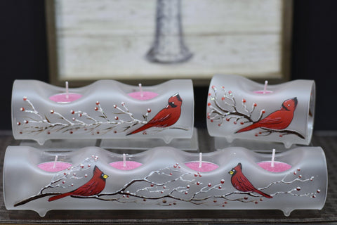 Frosted Glass Single Candle Holder - Red Cardinal