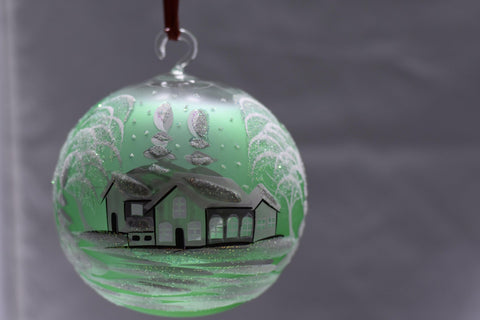 Green Glass Terrarium Candle Holder, Hand Crafted in Ukraine, White Cabin Winter Wonderland, Wonderful Year Round