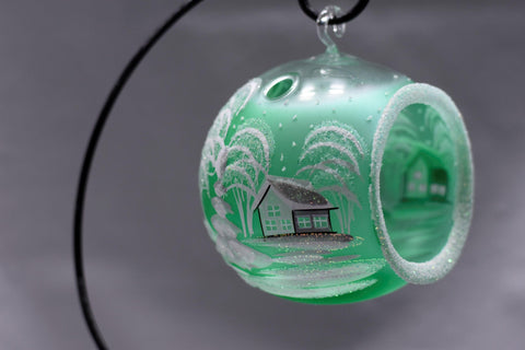 Green Glass Terrarium Candle Holder, Hand Crafted in Ukraine, White Cabin Winter Wonderland, Wonderful Year Round