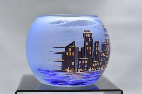 Light Blue Glass Candle Holder, Hand Crafted in Ukraine, NYC Skyline, Wonderful Year Round