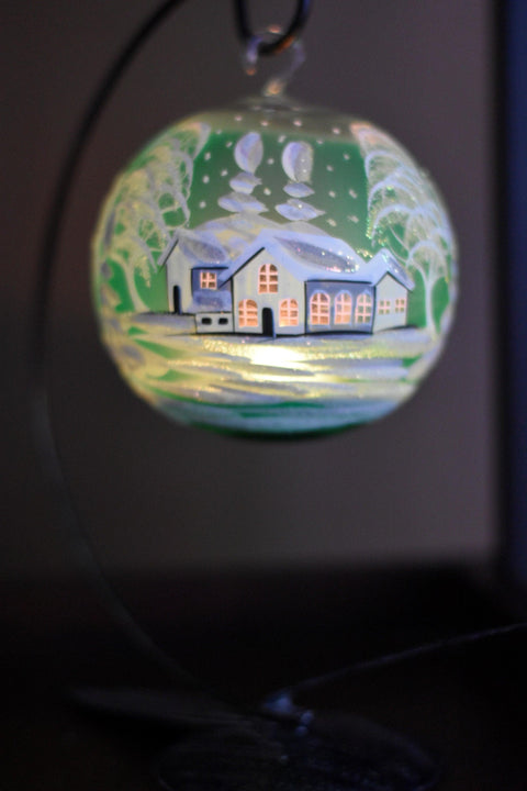 Green Glass Terrarium Candle Holder, Hand Crafted in Ukraine, White Cabin Winter Wonderland, Wonderful Year Round