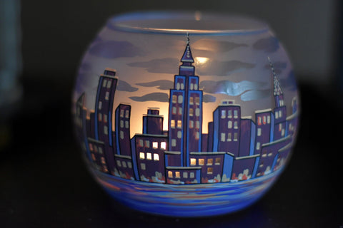 Light Blue Glass Candle Holder, Hand Crafted in Ukraine, NYC Skyline, Wonderful Year Round