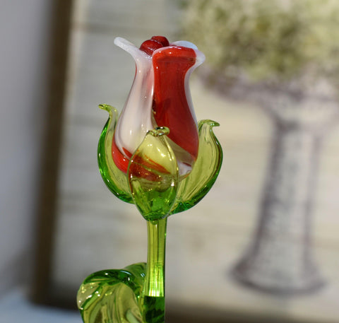 Red & White Glass Rose, Handcrafted Glass Flower, Hand Made In Ukraine Using Murano Quality Glass, Great Gift For Flower Lovers, 12 Inch Rose