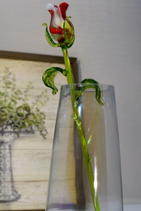Red & White Glass Rose, Handcrafted Glass Flower, Hand Made In Ukraine Using Murano Quality Glass, Great Gift For Flower Lovers, 12 Inch Rose