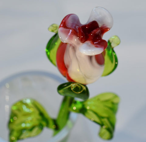 Red & White Glass Rose, Handcrafted Glass Flower, Hand Made In Ukraine Using Murano Quality Glass, Great Gift For Flower Lovers, 12 Inch Rose