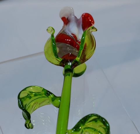 Red & White Glass Rose, Handcrafted Glass Flower, Hand Made In Ukraine Using Murano Quality Glass, Great Gift For Flower Lovers, 12 Inch Rose