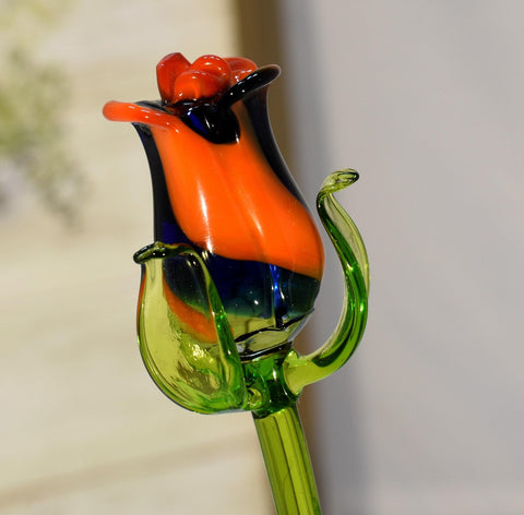 Blue & Orange Glass Rose, Handcrafted Glass Flower, Hand Made In Ukraine Using Murano Quality Glass, Great Gift For Flower Lovers, 12 Inch Rose