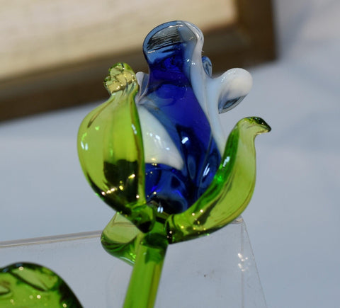 Blue And White Glass Rose - Handcrafted Long Stem Flower