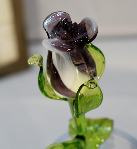 Purple & White Glass Rose, Handcrafted Glass Flower, Hand Made In Ukraine Using Murano Quality Glass, Great Gift For Flower Lovers, 12 Inch Rose