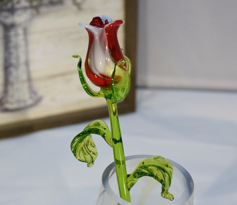 Red & White Glass Rose, Handcrafted Glass Flower, Hand Made In Ukraine Using Murano Quality Glass, Great Gift For Flower Lovers, 12 Inch Rose