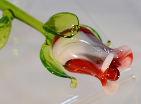 Red & White Glass Rose, Handcrafted Glass Flower, Hand Made In Ukraine Using Murano Quality Glass, Great Gift For Flower Lovers, 12 Inch Rose