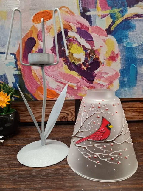 Frosted Glass Lamp Candle Holder - Red Cardinal
