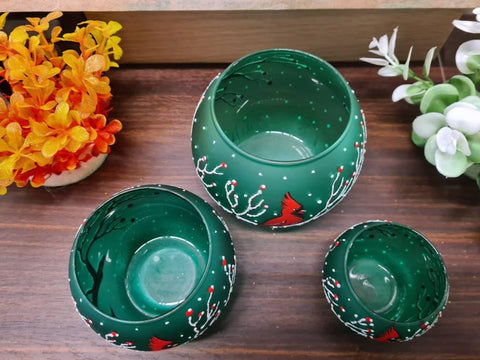 Green Glass Candle Holder - Red Cardinal- Multiple Sizes