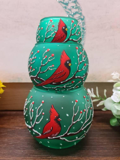 Green Glass Candle Holder  - Red Cardinal- Multiple Sizes