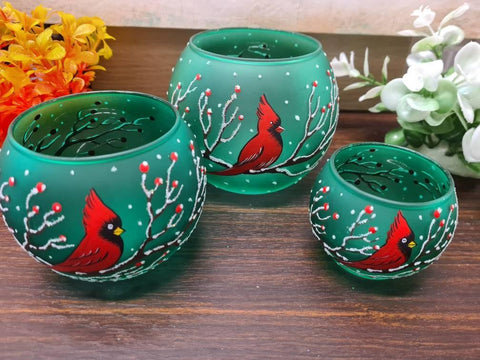 Green Glass Candle Holder  - Red Cardinal- Multiple Sizes