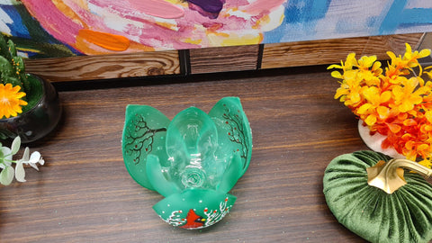 Green Glass Lotus Blossom Candle Holder  - Red Cardinal