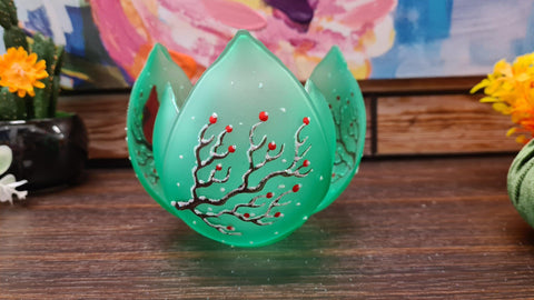 Green Glass Lotus Blossom Candle Holder  - Red Cardinal