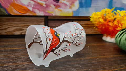 Frosted Glass Single Candle Holder - Red Cardinal