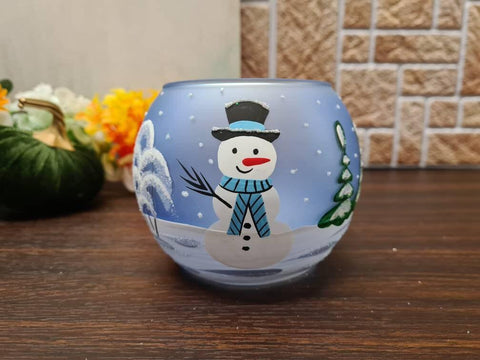 Frosted And Light Blue Glass Candle Holder - Snowman In Winter