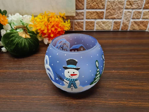 Frosted And Light Blue Glass Candle Holder - Snowman In Winter