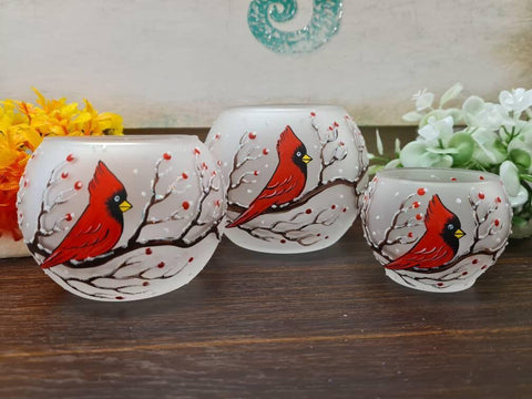 Frosted Glass Candle Holder - Red Cardinal - Multiple Sizes