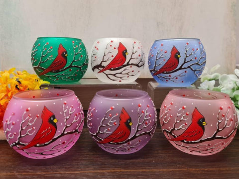 Green Glass Candle Holder  - Red Cardinal- Multiple Sizes