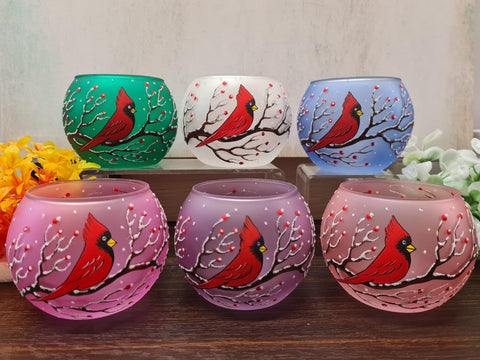 Salmon Pink Glass Candle Holder - Red Cardinal - Multiple Sizes