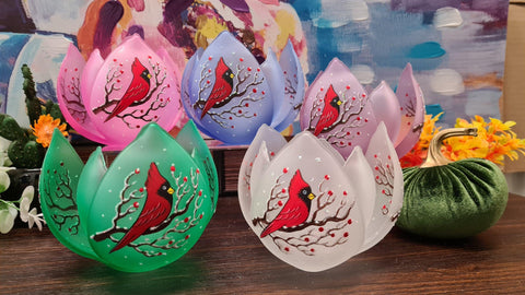 Lavender Glass Lotus Blossom Candle Holder  - Red Cardinal