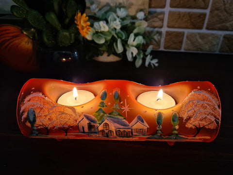 Orange Glass Double Candle Holder - White Cabins Yule Log Style