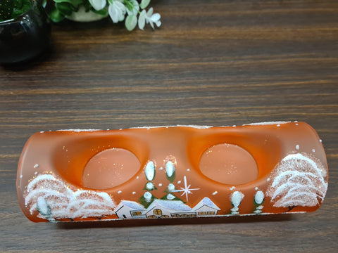Orange Glass Double Candle Holder - White Cabins Yule Log Style