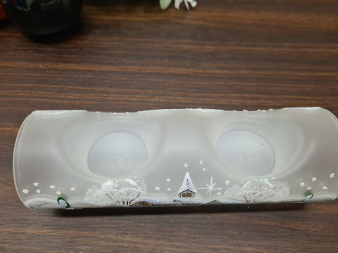 Frosted Glass Double Candle Holder, Hand Crafted in Ukraine, White Church Winter Wonderland, Wonderful Year Round