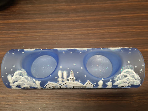 Light Blue Glass Double Candle Holder - White Church Yule Log Style