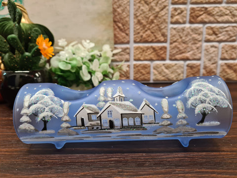 Light Blue Glass Double Candle Holder - White Church Yule Log Style