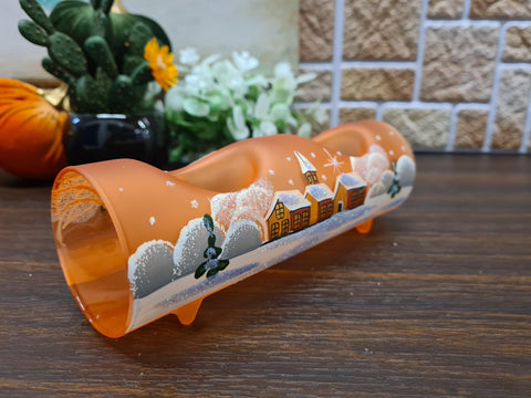 Orange Glass Double Candle Holder  - Brown Cabins Yule Log Style