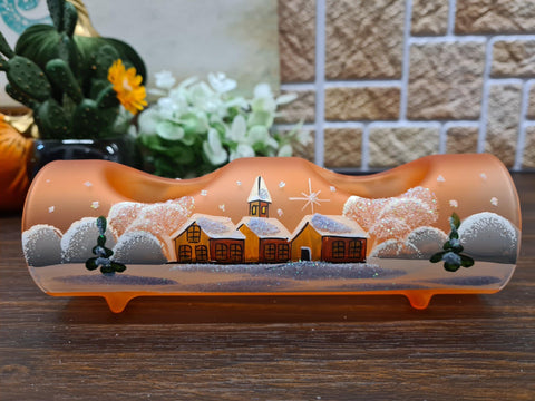 Orange Glass Double Candle Holder - Brown Cabins Yule Log Style